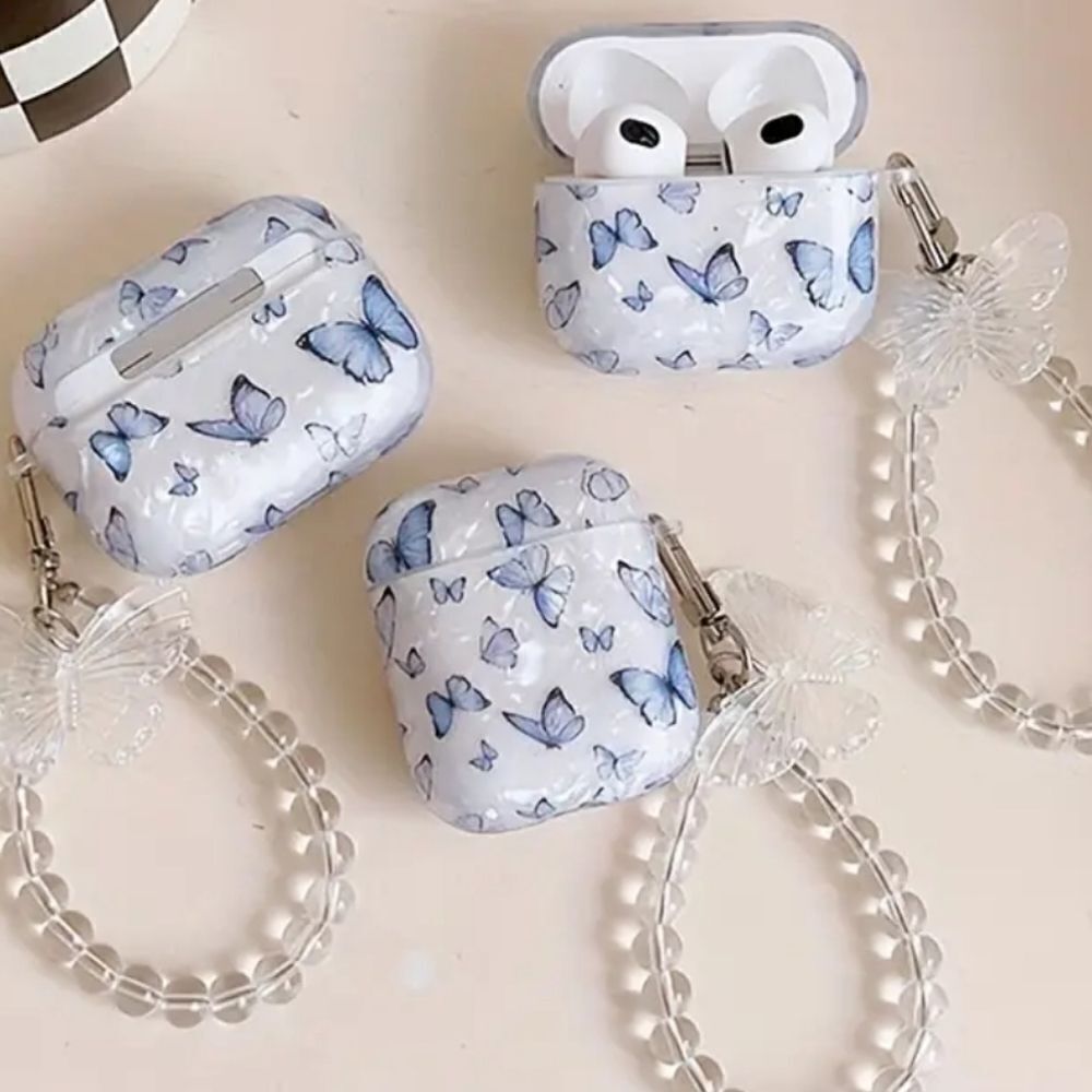 Blue Butterfly Wristlet AirPods Headphone Case Beaded Keychain Iridescent White